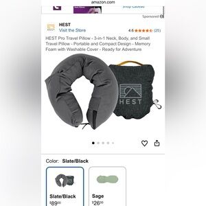 Slate/Black 3-in-1 Travel Pillow - Memory Foam Neck and Body Support